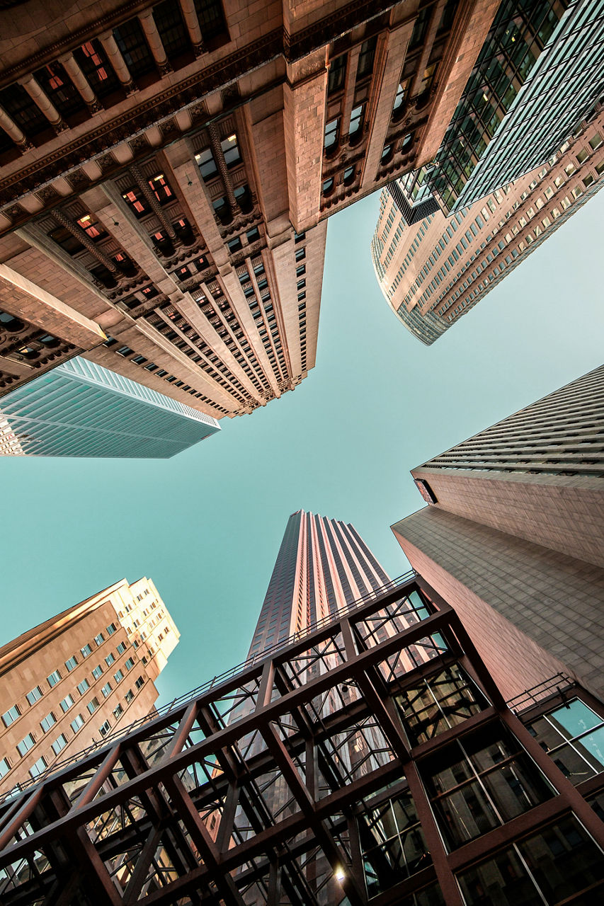 Street level view of tall buildings